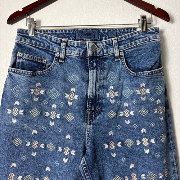 Lucky Brand Embroidered Jeans 8 High Rise Straight Crop Raw Hem Boho Aztec Geo - Picture 4 of 10